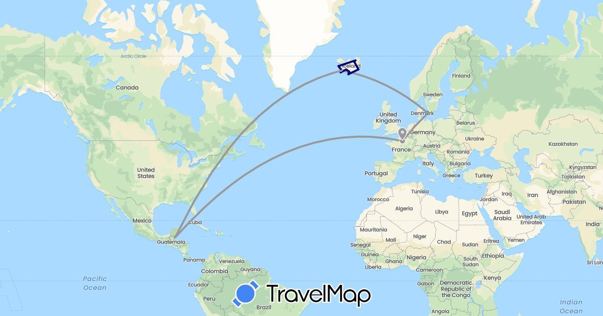 TravelMap itinerary: driving, bus, plane in Belize, Denmark, France, Iceland (Europe, North America)